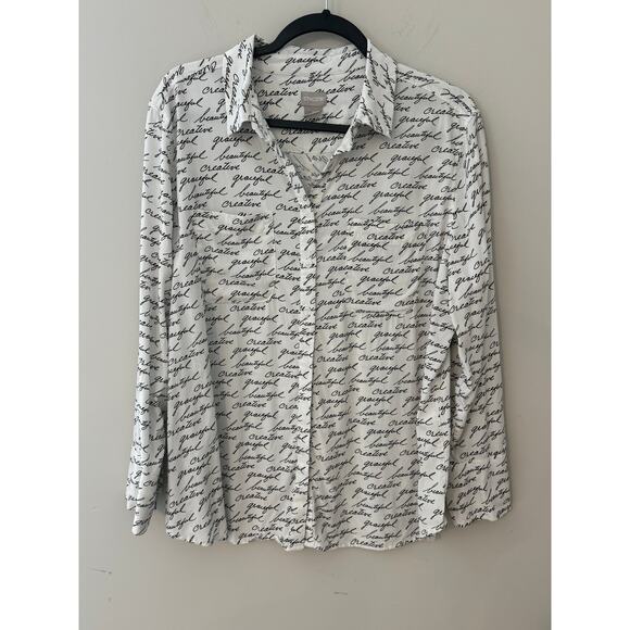 Chico’s Script Print Long Sleeve Button Down Blouse size 2P - L/12P - Picture 1 of 8